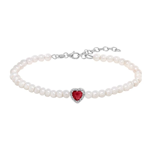 Bracciale in Argento Cuore rosso e Perle