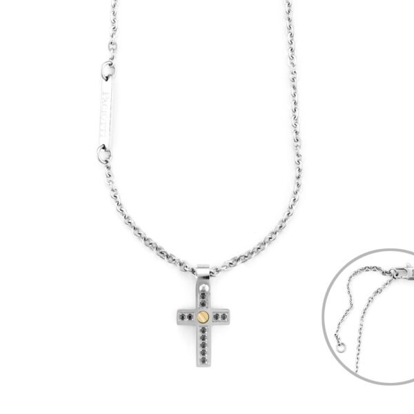 Girocollo Croce Acciaio Oro e Spinelli neri