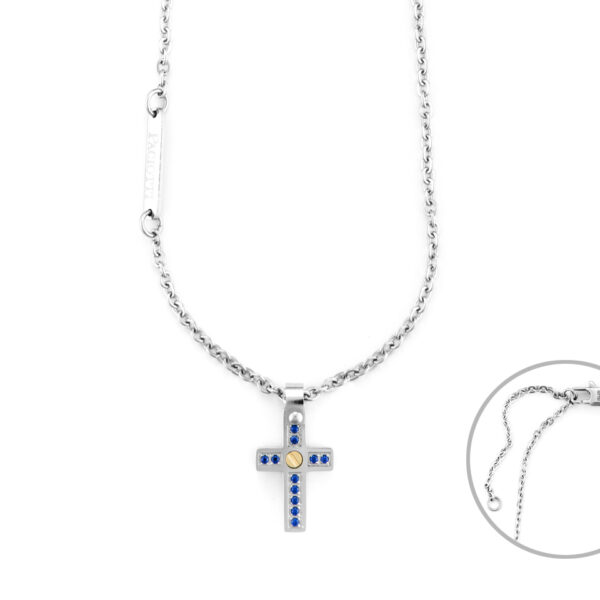 Girocollo Croce Acciaio Oro e Spinelli blu