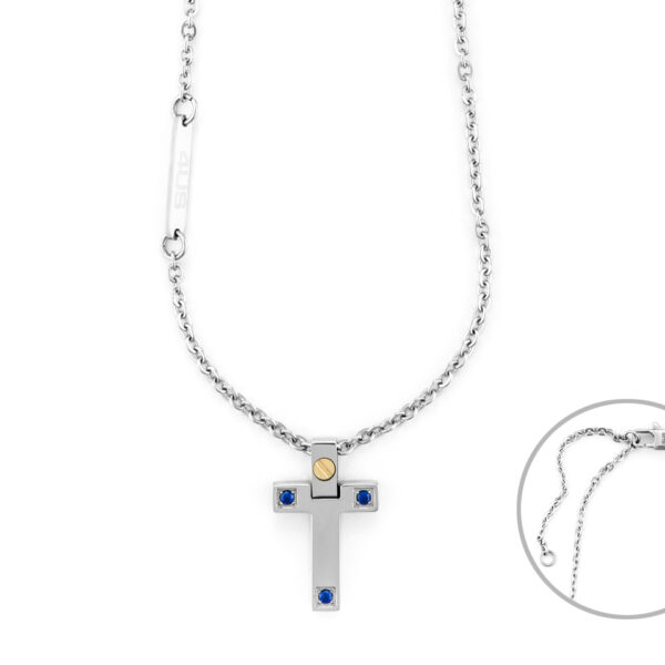 Girocollo Croce Acciaio Oro e Spinelli blu