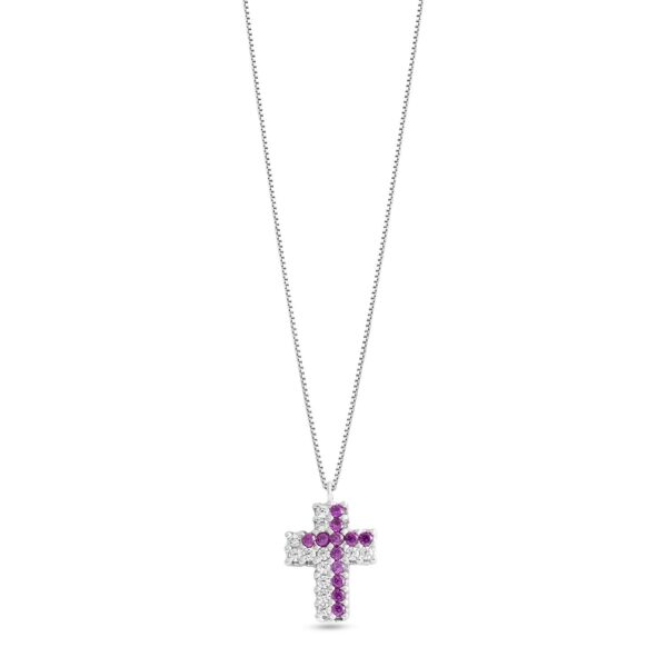 Girocollo in Oro bianco Croce Fucsia